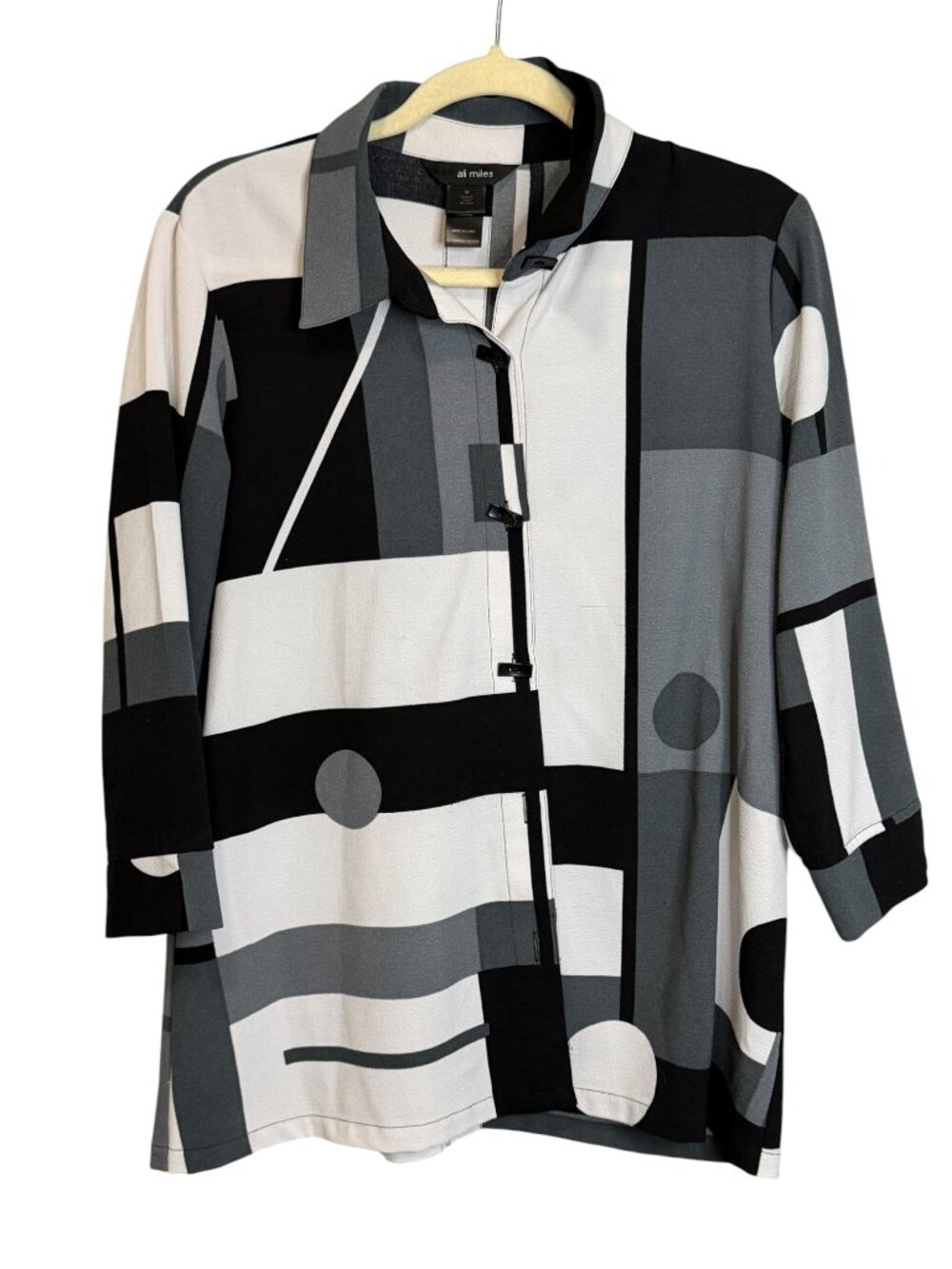 Ali Miles Blouse Women's Medium Abstract Geometric Color Block Black Gray White‎